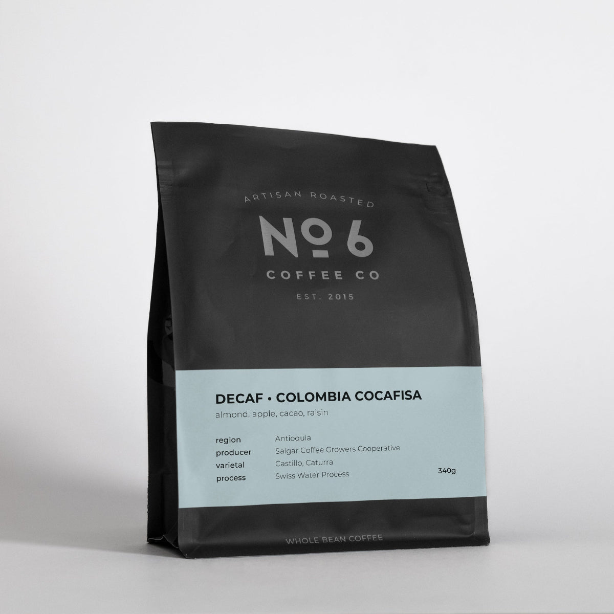 Black coffee bag with 'No 6 Coffee Co' branding on a white background