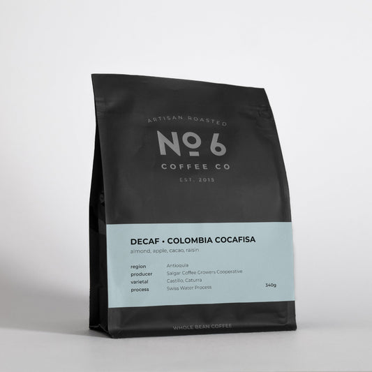 Black coffee bag with 'No 6 Coffee Co' branding on a white background